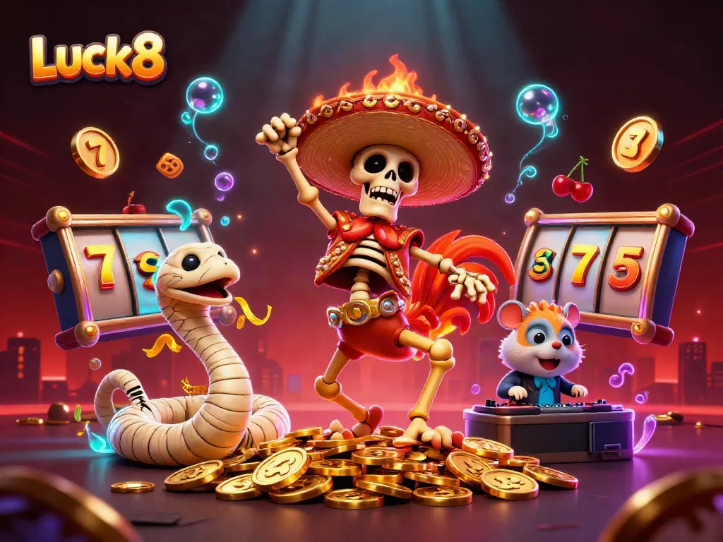 Experience the thrilling atmosphere of Luck8's online casino with festive characters and vibrant slot game elements.