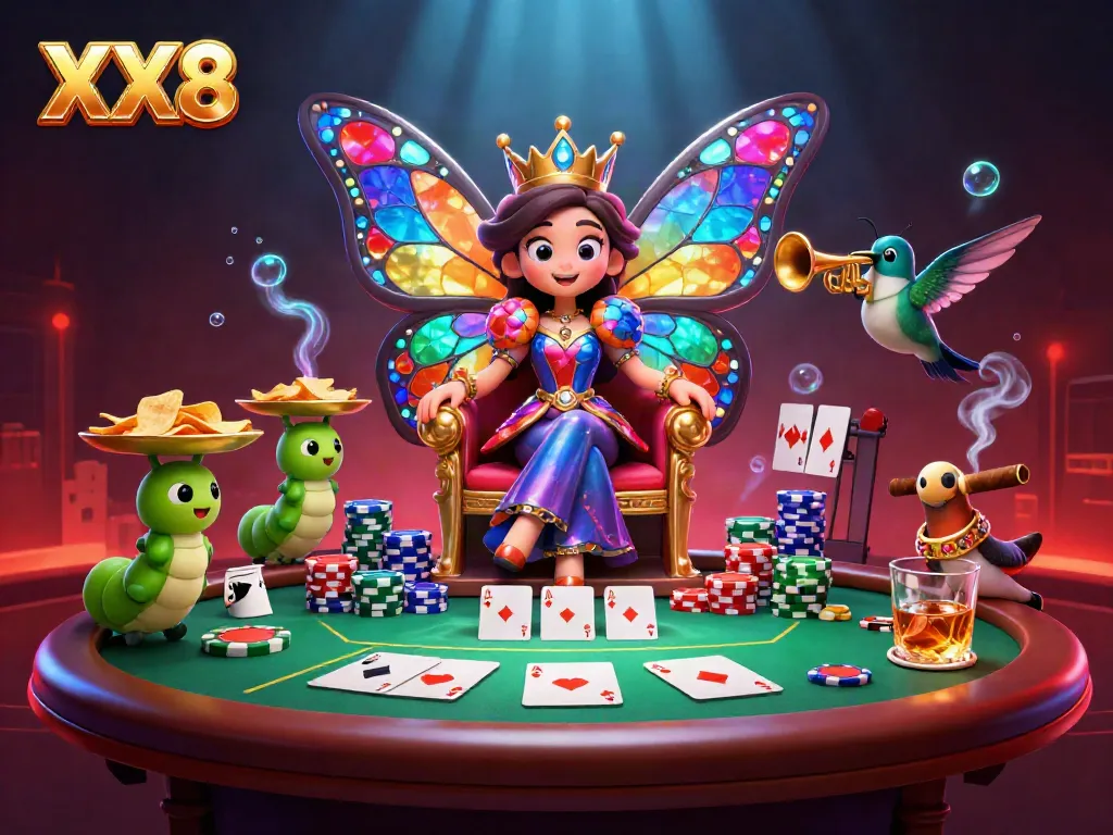 Engage in thrilling gameplay with XX8's lavish online casino atmosphere featuring vibrant characters and chips.
