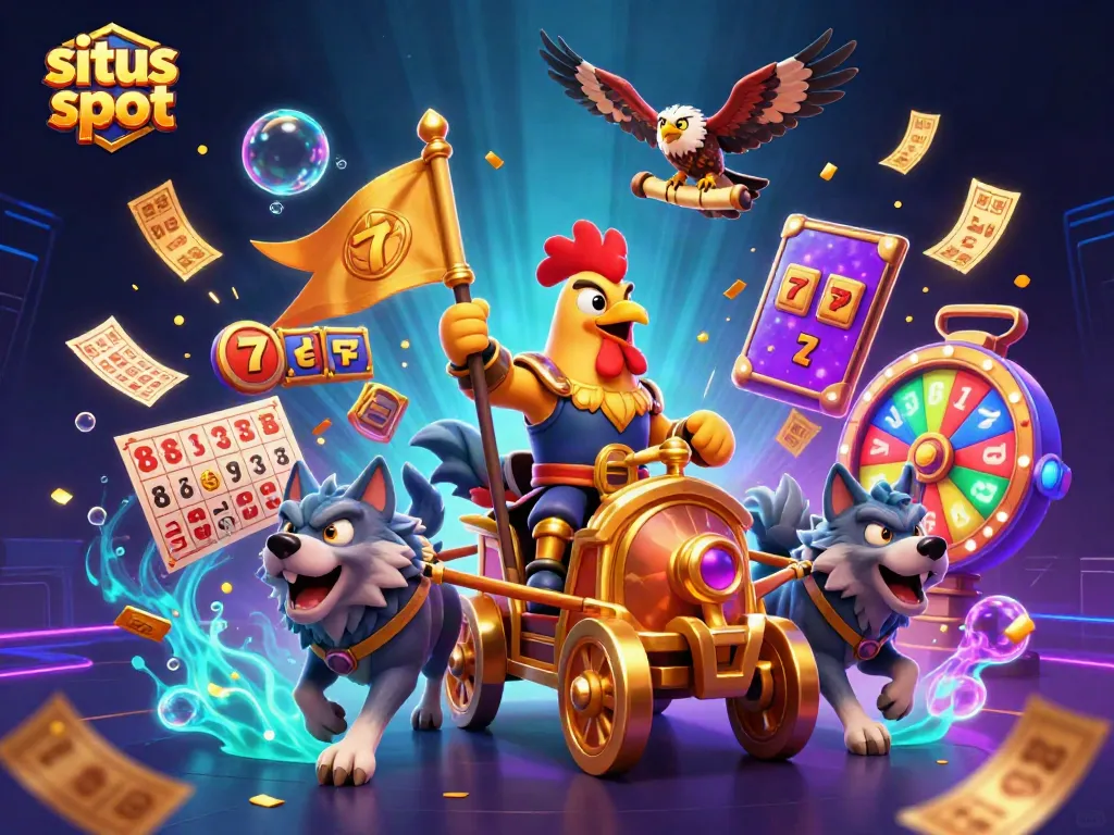 Experience excitement playing situs slot games with vibrant illustrations of slot reels and jackpots.