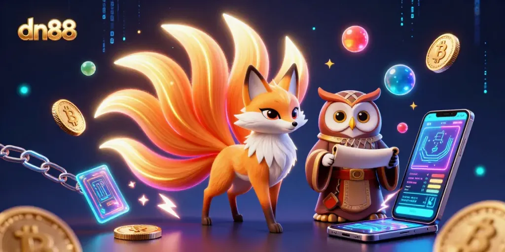 Engage with the magical world of dn88, featuring a nine-tailed fox spirit and crypto elements amid vibrant colors.
