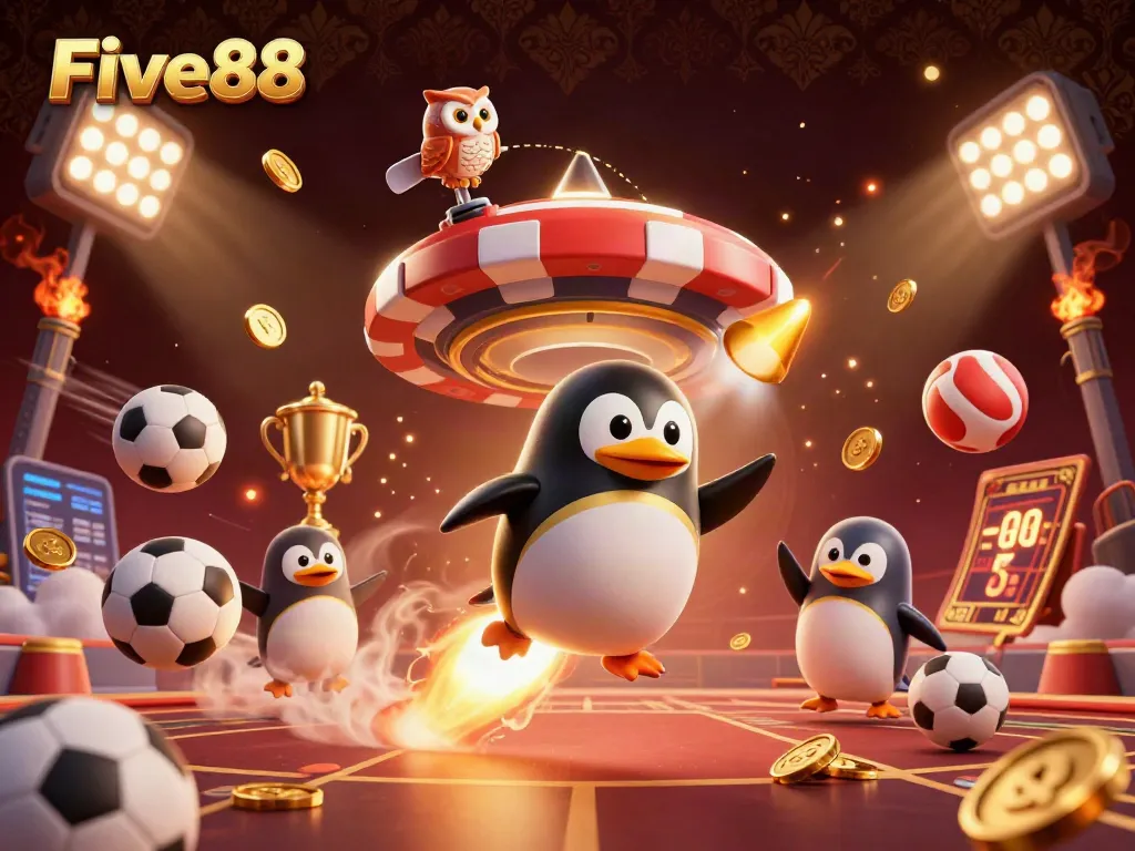 Watch Five88's thrilling golden penguin blast off toward a poker-chip-shaped casino in this vibrant scene.