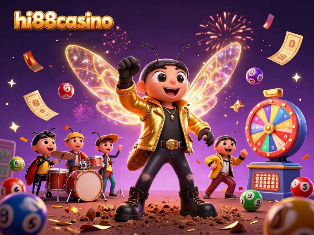 Experience excitement with hi88casino’s vivid illustration of a concert featuring a cicada rock star, lottery elements and vibrant colors.