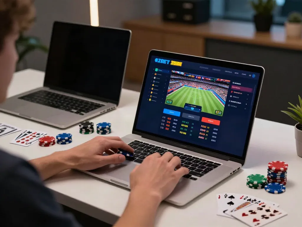 Engaged user on ZBET platform surrounded by gaming accessories.