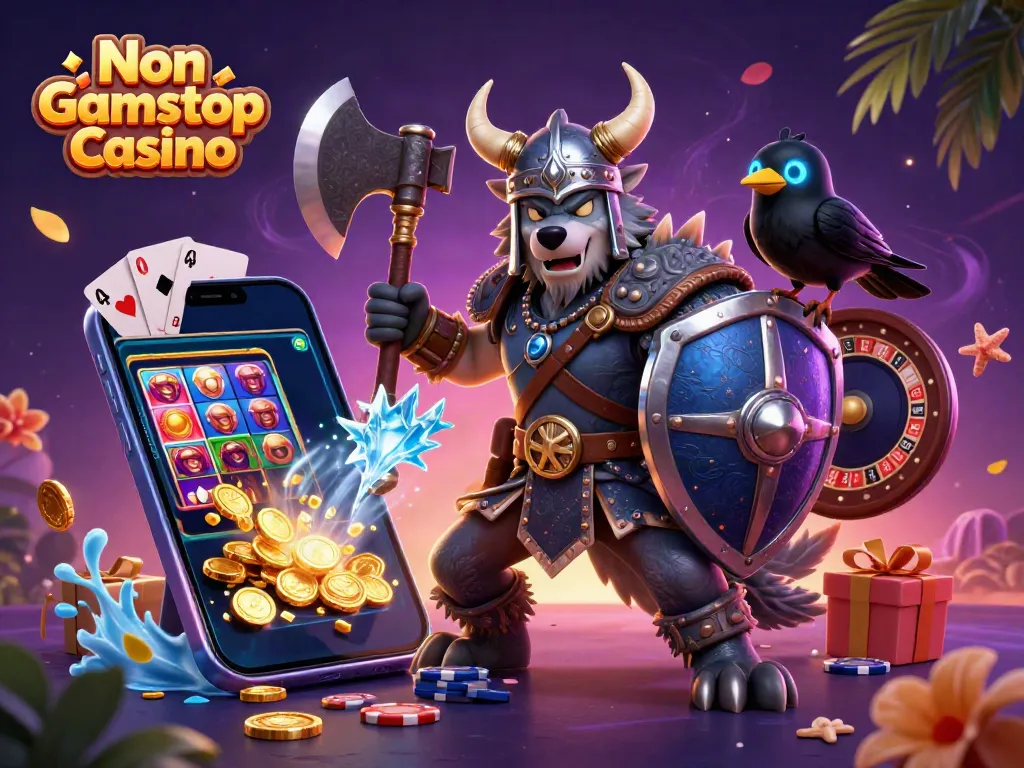 Engage with Non Gamstop Casino through an exciting, vibrant 3D scene featuring a Viking warrior, dragon, and dynamic gaming elements.