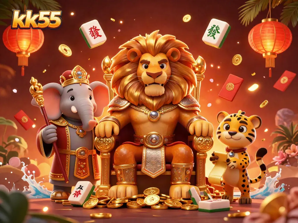 Experience the thrill of winning at kk55 with a vibrant casino scene featuring a lion king and his advisor.