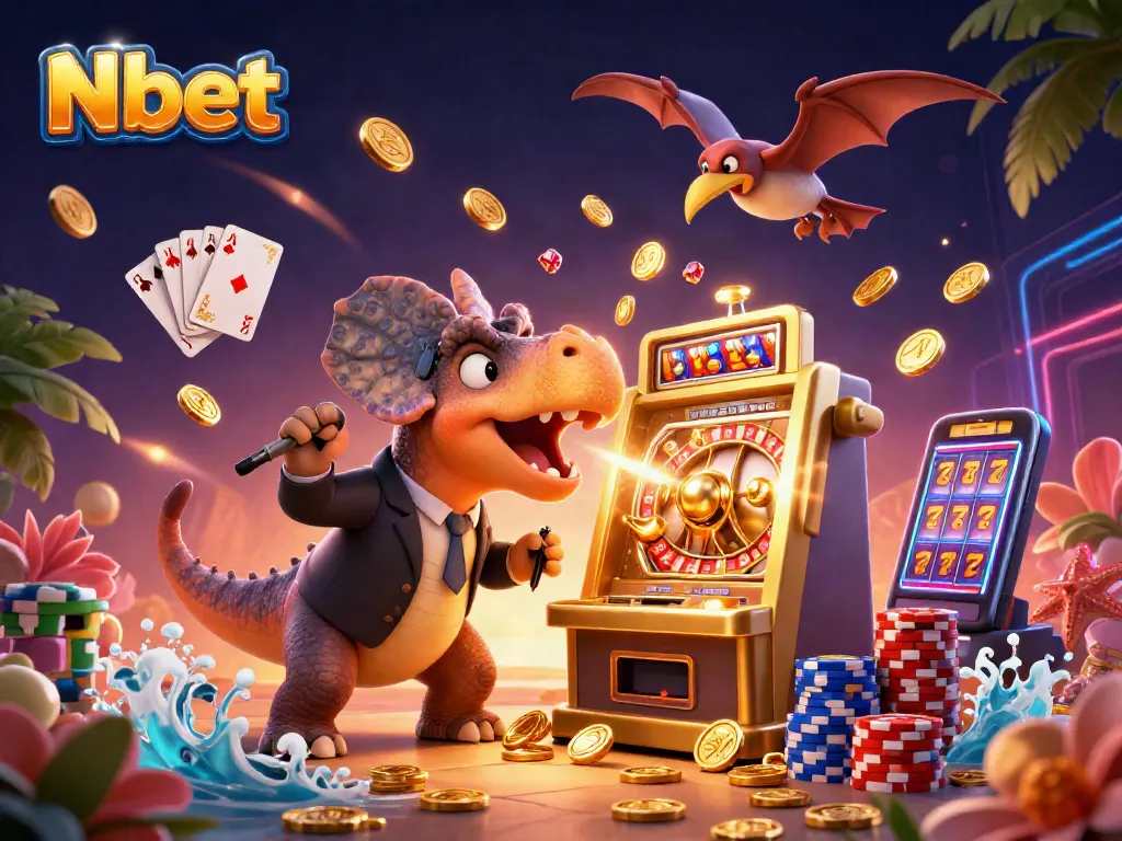 Nbet gamers enjoy a thrilling slot jackpot experience, as fantasy characters interact with cascading gold coins and vibrant casino elements.