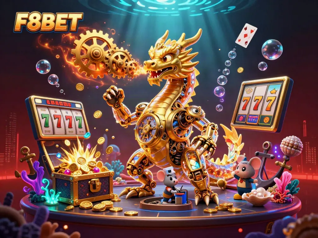 Engage with F8BET's vibrant gaming scene featuring a golden dragon and casino elements.