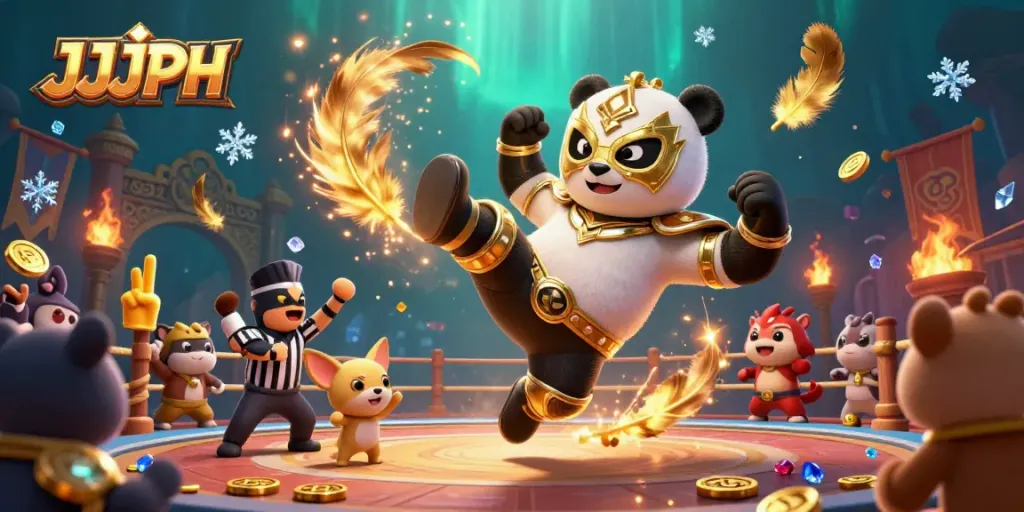 Experience JJJPH in action with a lively casino scene featuring a wrestling panda and cheering animal fans.