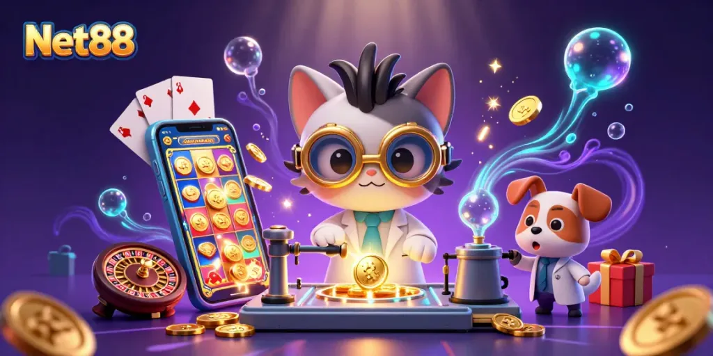 Engage with Net88's vibrant gambling world, depicting a mad scientist cat creating gold coins in a lively casino atmosphere.