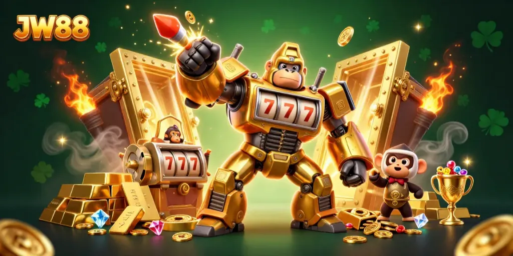 Experience dynamic gaming action with JW88's golden gorilla mech surrounded by treasure elements.