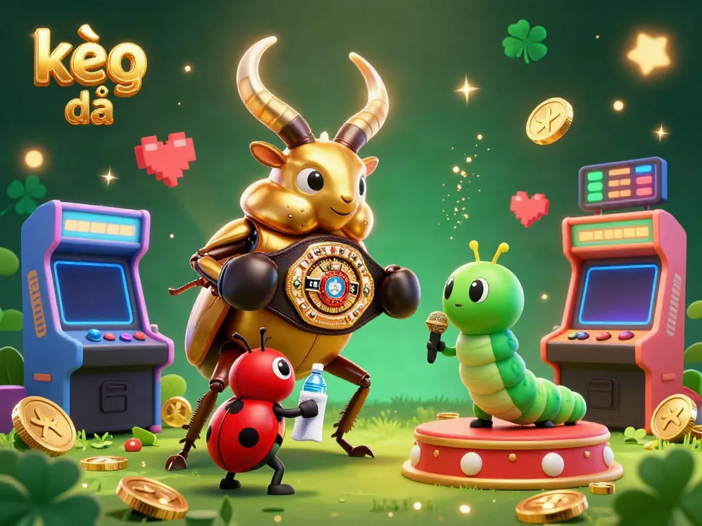 Engage with kèo bóng đá as a golden stag beetle boxing champion, with vibrant gaming elements.