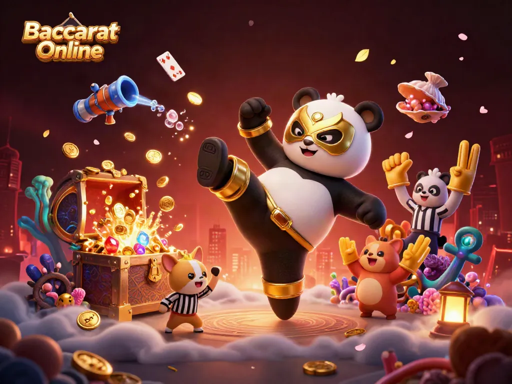 Baccarat Online scene with a panda wrestler and chihuahua referee amidst an exciting casino atmosphere.