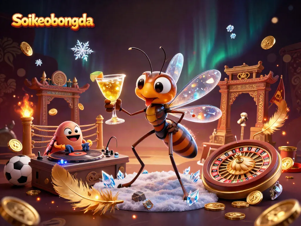 Soikeobongda sports betting scene featuring a frozen mosquito mascot, trilobite DJ, and ammonite roulette