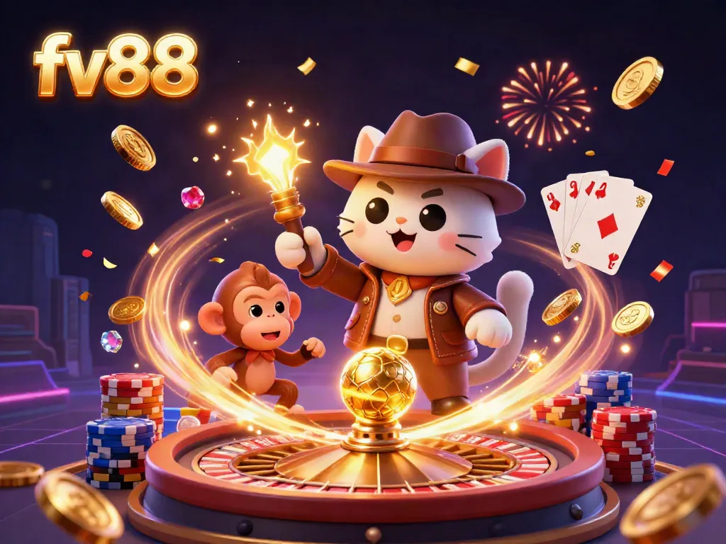 Experience the thrill of fv88 casino adventures in this vibrant 3D illustration, featuring an explorer cat uncovering treasures.
