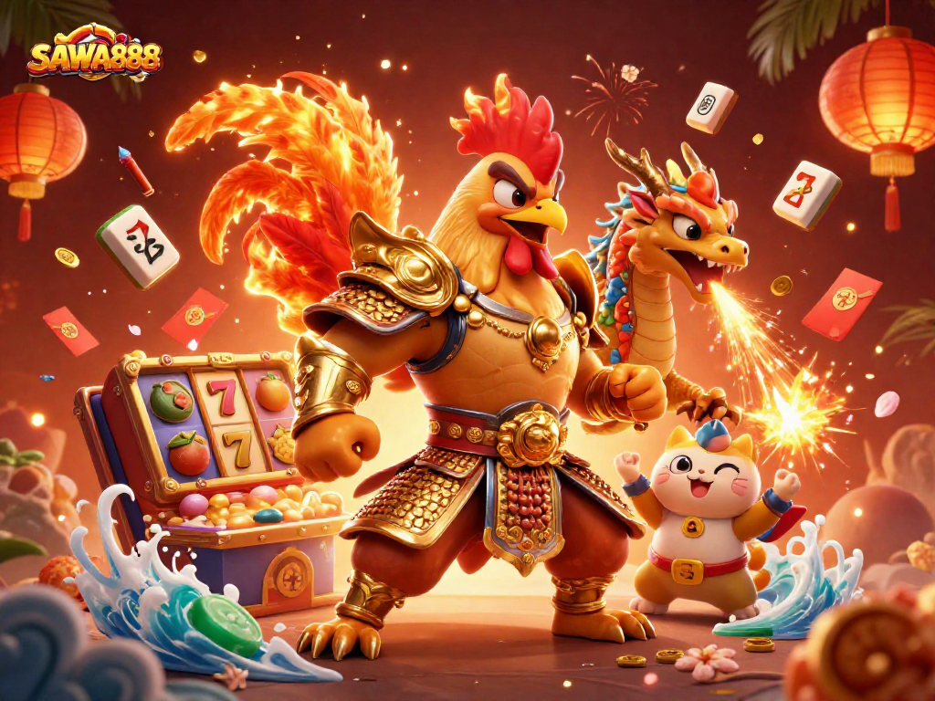 Engage with SAWA888's dynamic casino adventures alongside a cartoon fighting rooster and dragon hatchling.