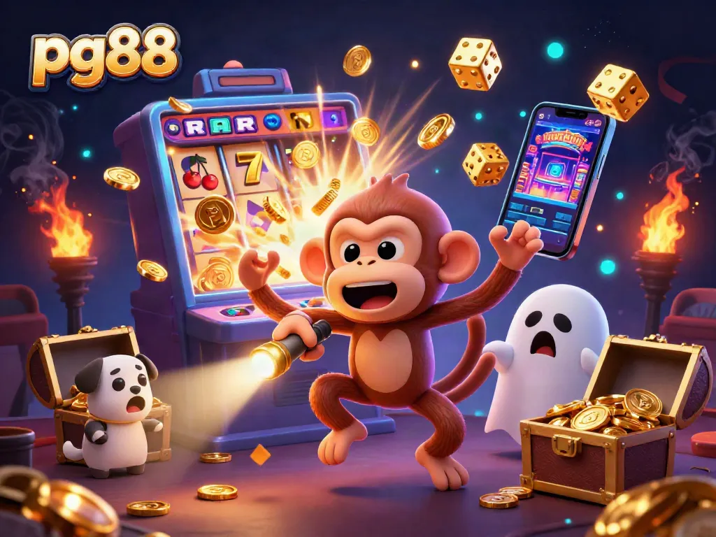 Experience the thrill of pg88 with a playful monkey juggling casino treasures in a haunted setting.