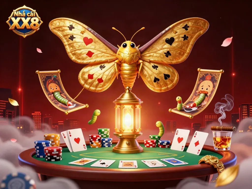 Experience the excitement at Nhà cái XX8 with vibrant casino elements and a majestic moth illustration.