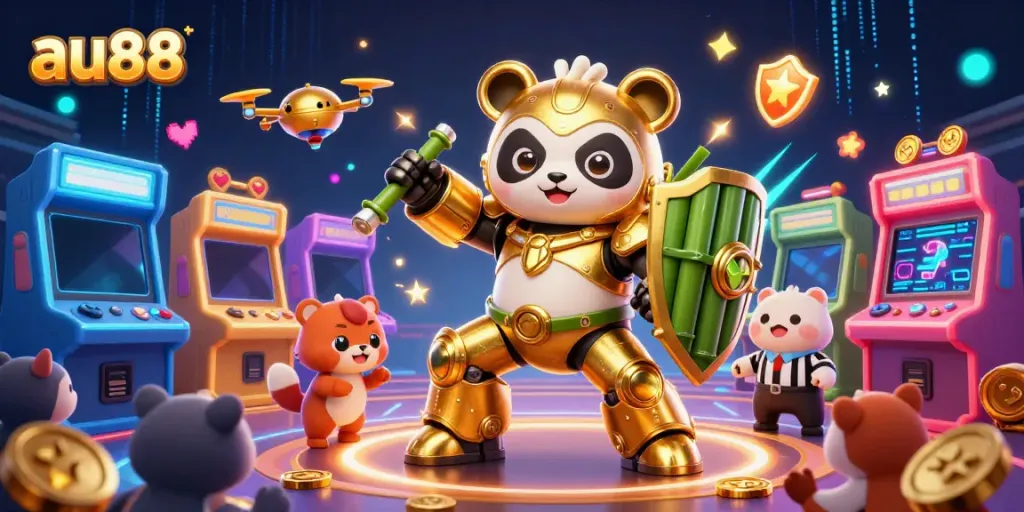 Bet on thrilling action with au88 as a golden panda battles in a vibrant casino-themed arena.