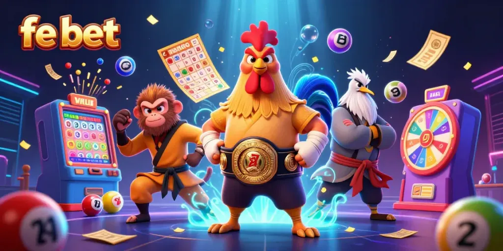Experience thrilling fe bet action with cartoon characters amidst vibrant gambling elements.