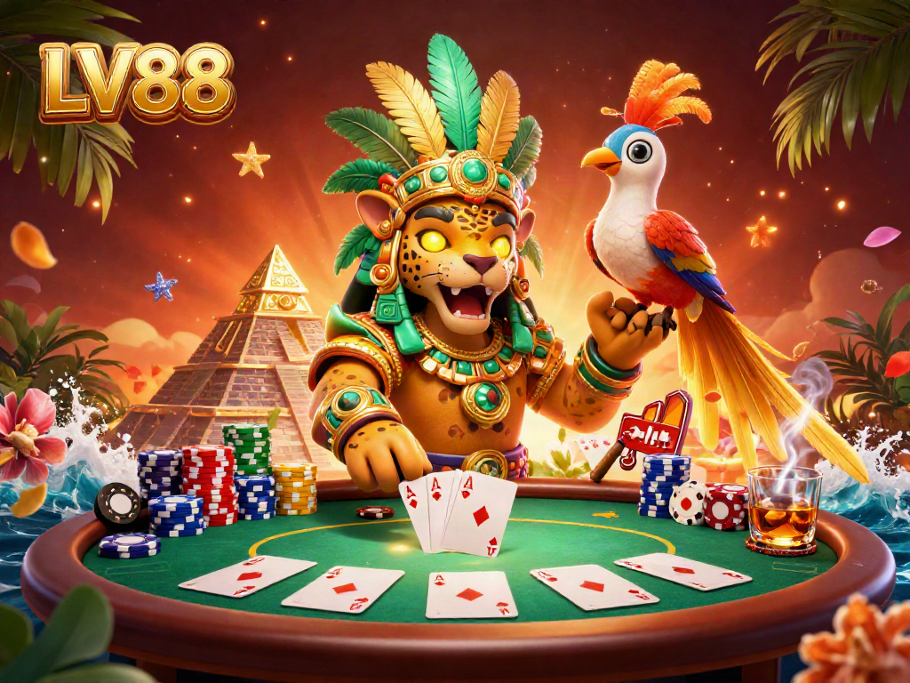 Experience LV88's rich casino environment featuring a Mayan priest and vibrant game elements.