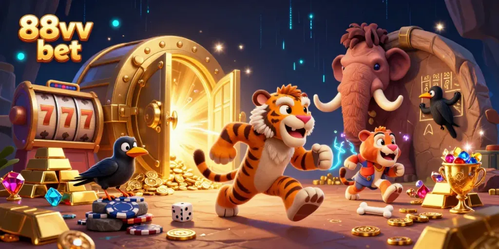 Experience the excitement of 88vv bet in a dynamic prehistoric casino setting with casino elements.
