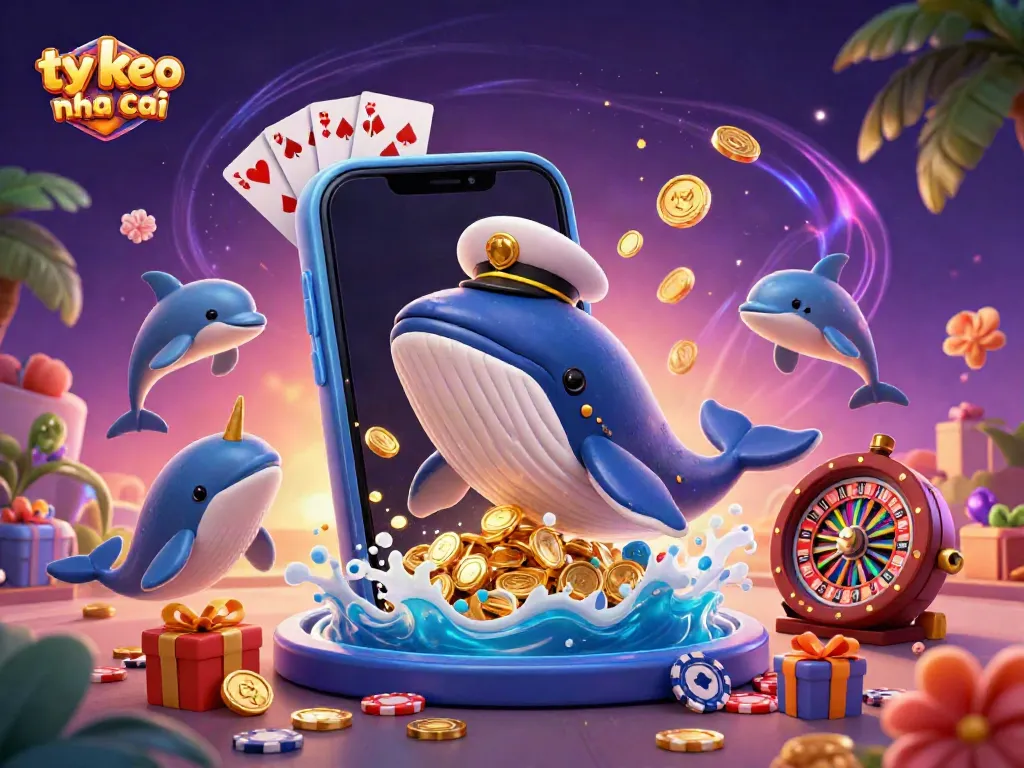 Engage with the dynamic scene of 'ty le keo nha cai' featuring a whimsical whale, narwhal, and dolphins amidst casino-themed treasures.