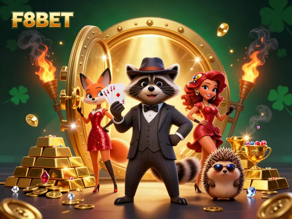 Experience high-stakes action with F8BET in a vibrant casino scene featuring characters amidst treasures.