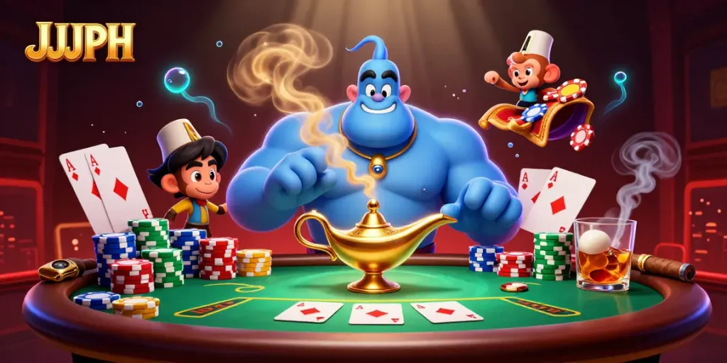 Engage with the vibrant JJJPH online casino scene featuring a genie, monkey, and poker chips.