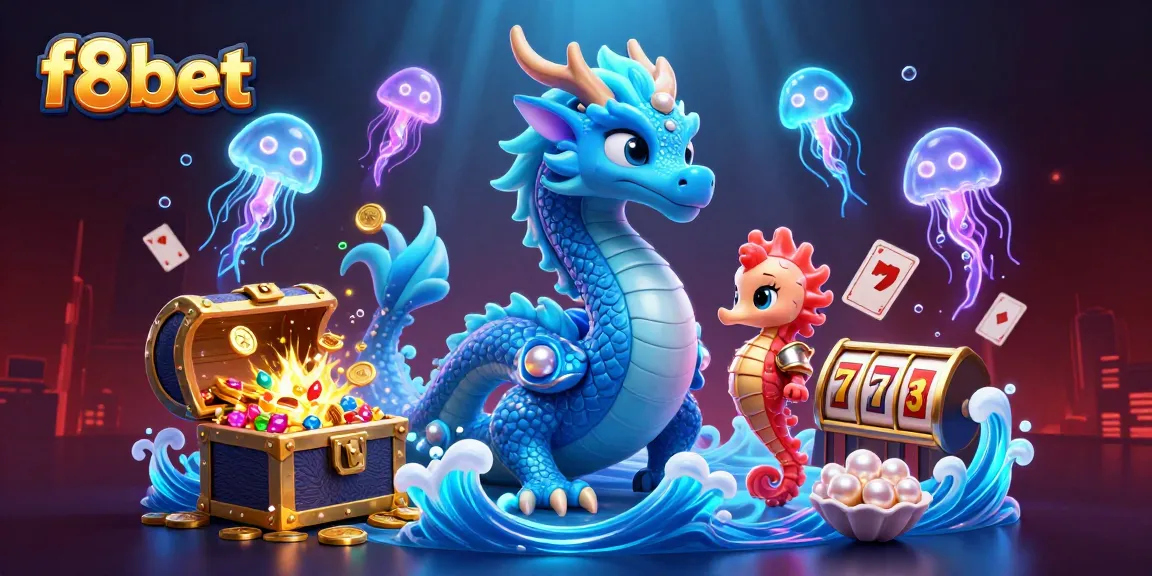 Experience the thrill of winning with F8BET, illustrated by a vibrant underwater scene featuring a dragon and treasures.