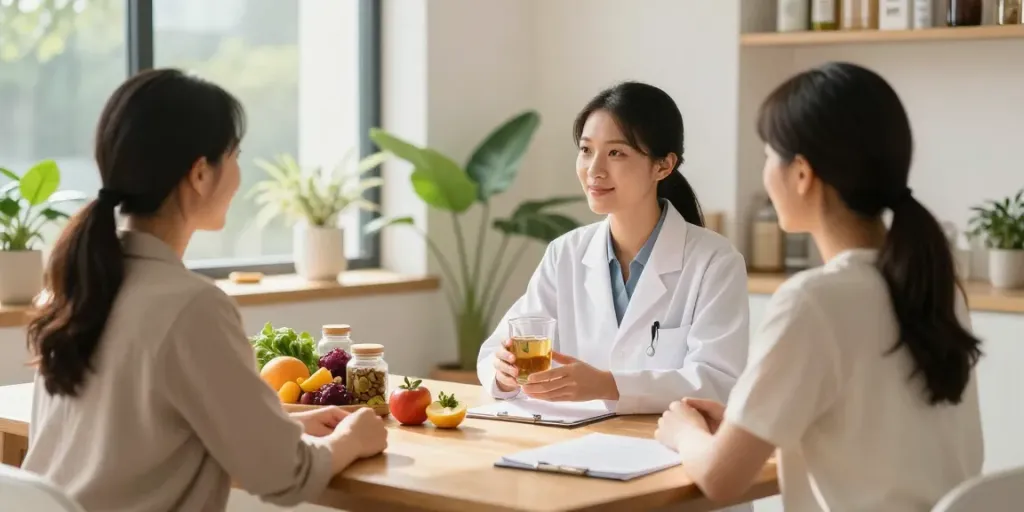Women's Nutritionist Surrey consultation with a client in a warm wellness setting.