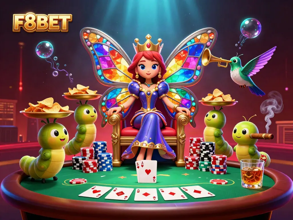 Engage in thrilling gaming at F8BET, featuring a colorful butterfly queen and vibrant elements.