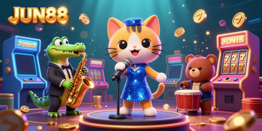 Experience JUN88's vibrant casino atmosphere with lively characters performing amidst dazzling games.