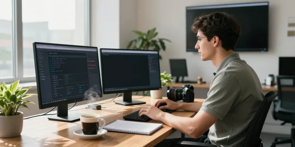 Developer focused on instant indexing metrics in a modern tech workspace.