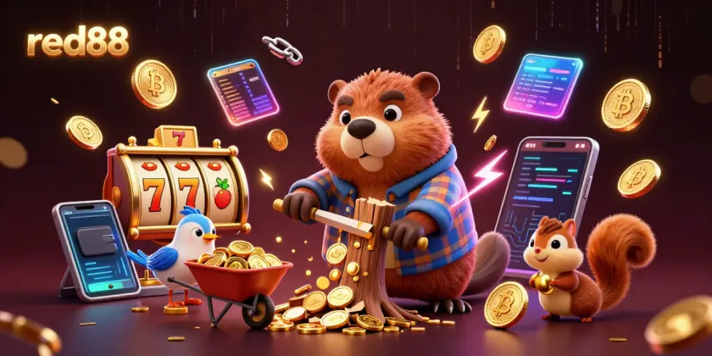 Experience exciting wins at red88, featuring dynamic 3D characters in a vibrant casino setting.