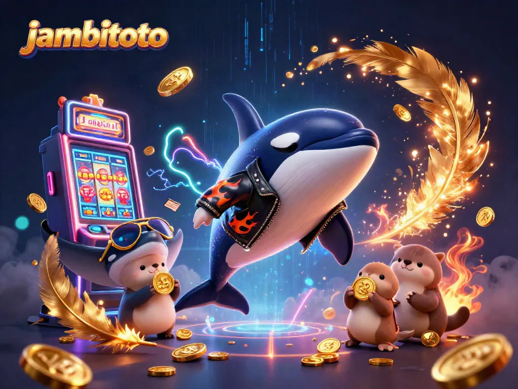 Win big with jambitoto in this vibrant 3D casino illustration featuring thrilling characters and slot elements.