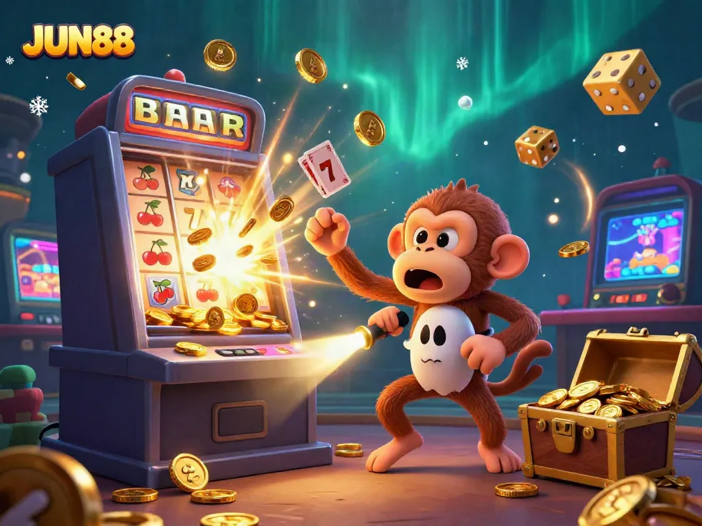 Experience the thrilling casino excitement of JUN88 with a playful ghost-hunter puppy tracking a mischievous poltergeist monkey juggling gold.