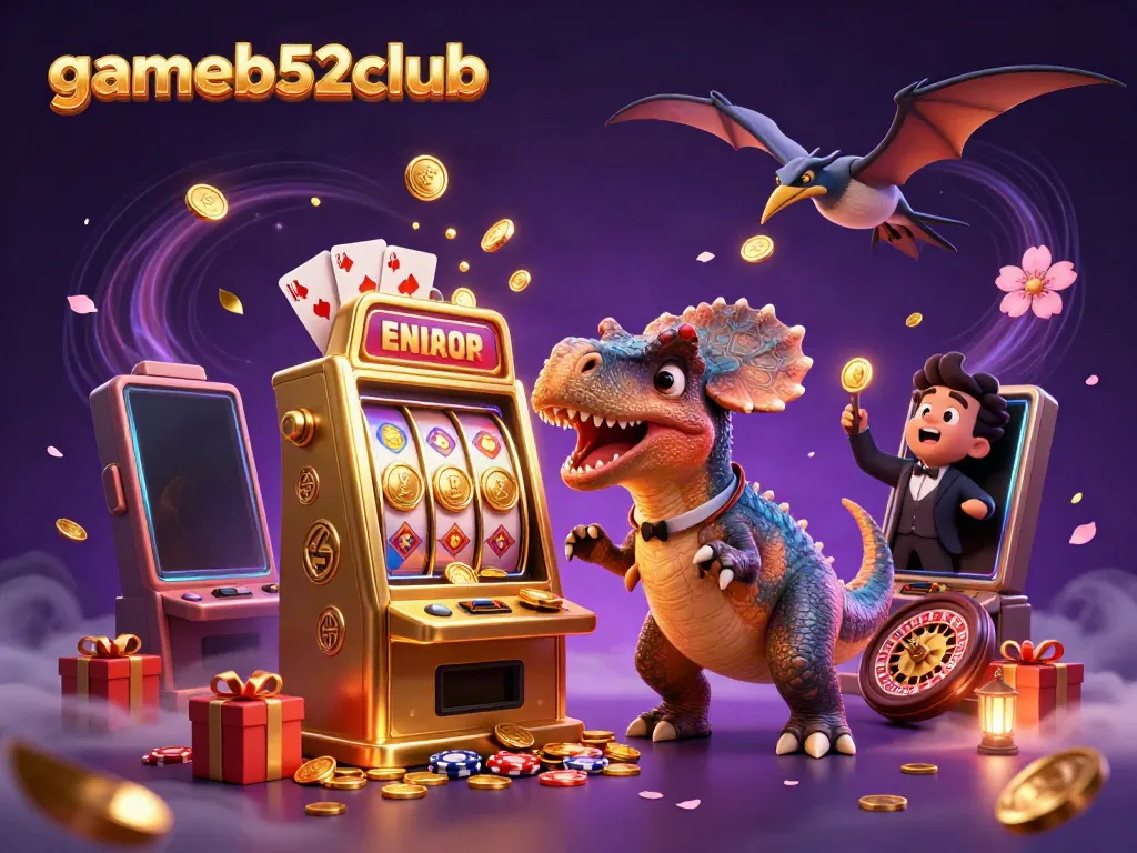 Experience the excitement of gameb52club with a dinosaur-themed jackpot scene overflowing with coins.