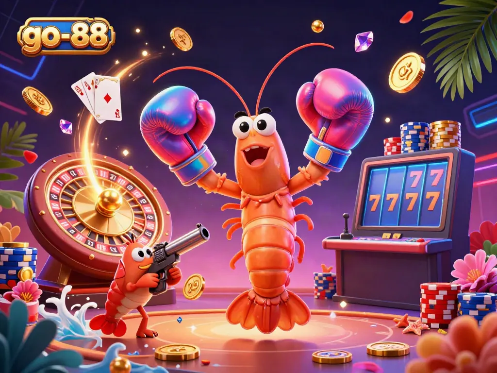 Experience excitement at go-88 with a dynamic casino scene featuring a mantis shrimp champion, sparking gems, and roulette.