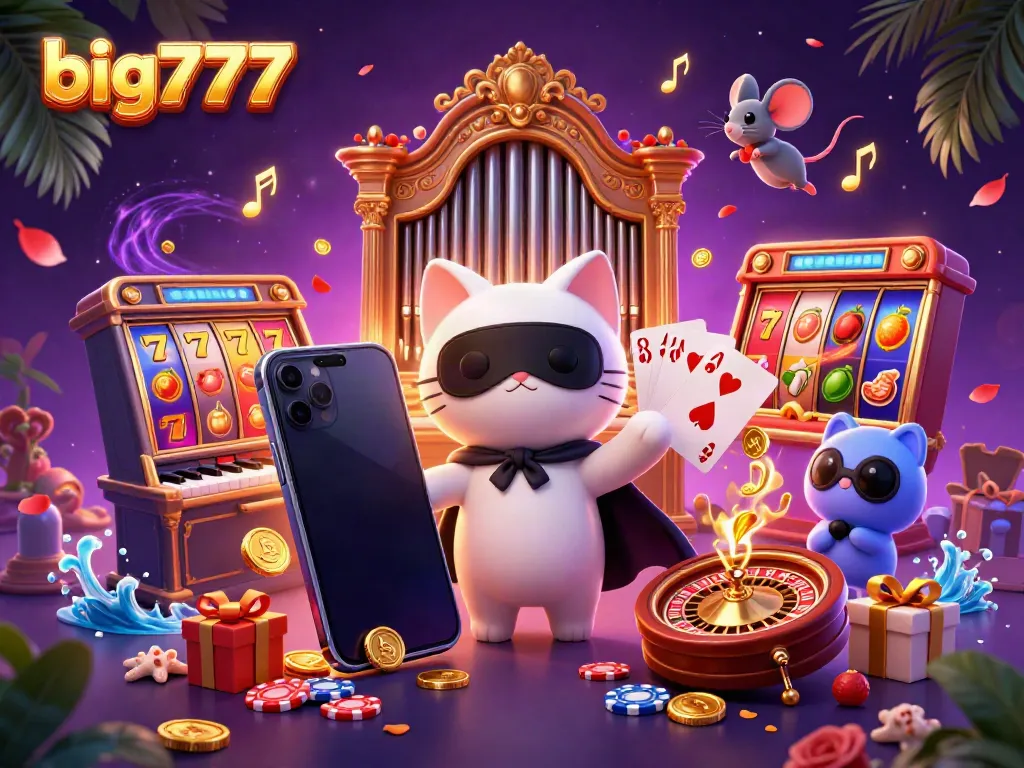 Experience big777's vibrant casino scene featuring a phantom cat, mouse acrobat, and dynamic slot elements.