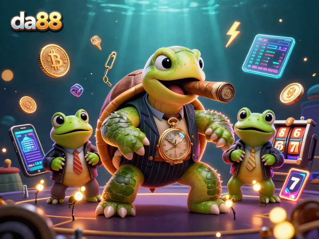 Join the da88 experience with a giant turtle mobster flanked by bullfrog enforcers in an underwater casino.
