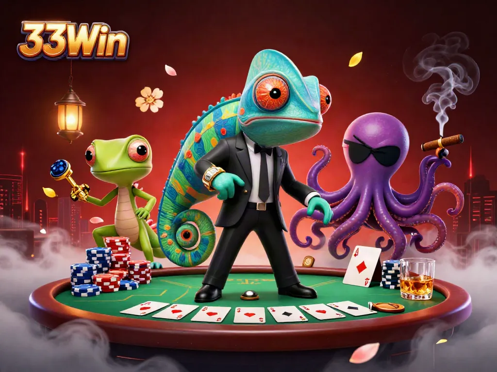 33Win illustration showing a vibrant casino scene with a secret agent chameleon and gadgets in play.