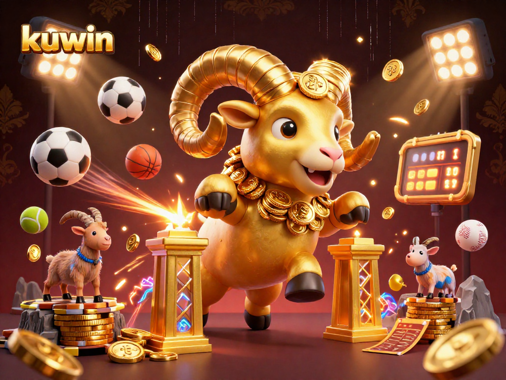 Kuwin energizes with a golden ram leading sports excitement and winnings in a vibrant 3D casino illustration.