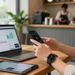 Stylish person using a smart ring to track health metrics in an urban café.