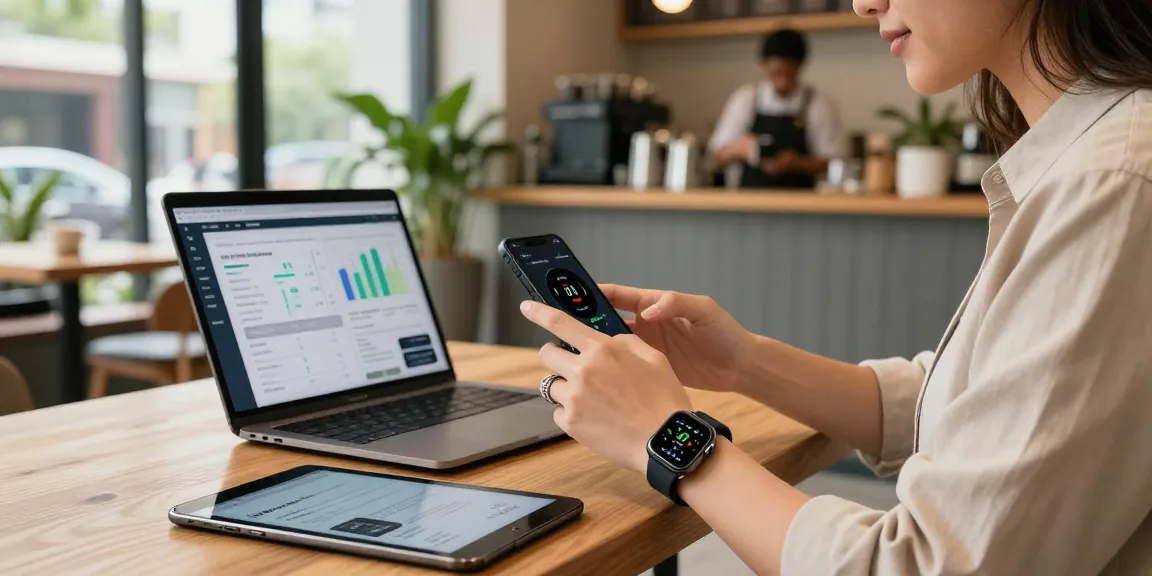 Stylish person using a smart ring to track health metrics in an urban café.