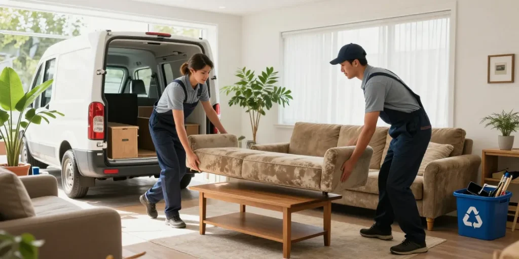 House clearance London: professional team efficiently removing old furniture in a tidy living room.