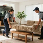 House clearance London: professional team efficiently removing old furniture in a tidy living room.