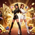 Experience the excitement of UFABET with stunning twin Asian women, symbolizing power in a casino-themed illustration full of treasures.