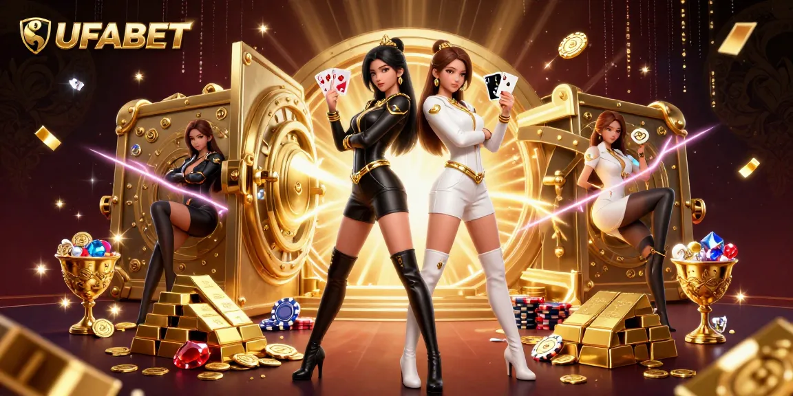 Experience the excitement of UFABET with stunning twin Asian women, symbolizing power in a casino-themed illustration full of treasures.
