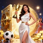 Play your winning strategy at tha bet with an Asian casino champion showcasing a trophy and betting elements.