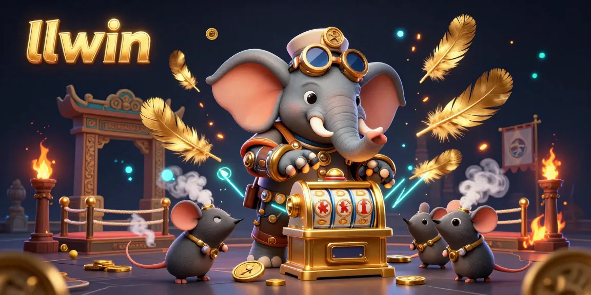 Experience the excitement of llwin with this dynamic 3D illustration featuring a steampunk elephant engineer managing a golden slot machine amidst swirling particles and vibrant casino elements.